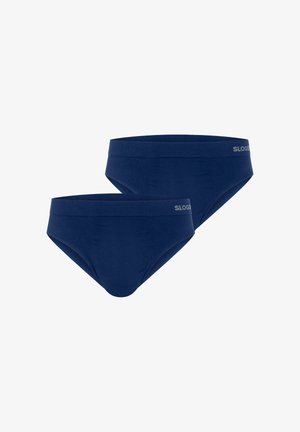 Zwei marineblaue Herren-Slips mit einem Bund, der den Markennamen "Sloggi" in grauer Schrift zeigt.