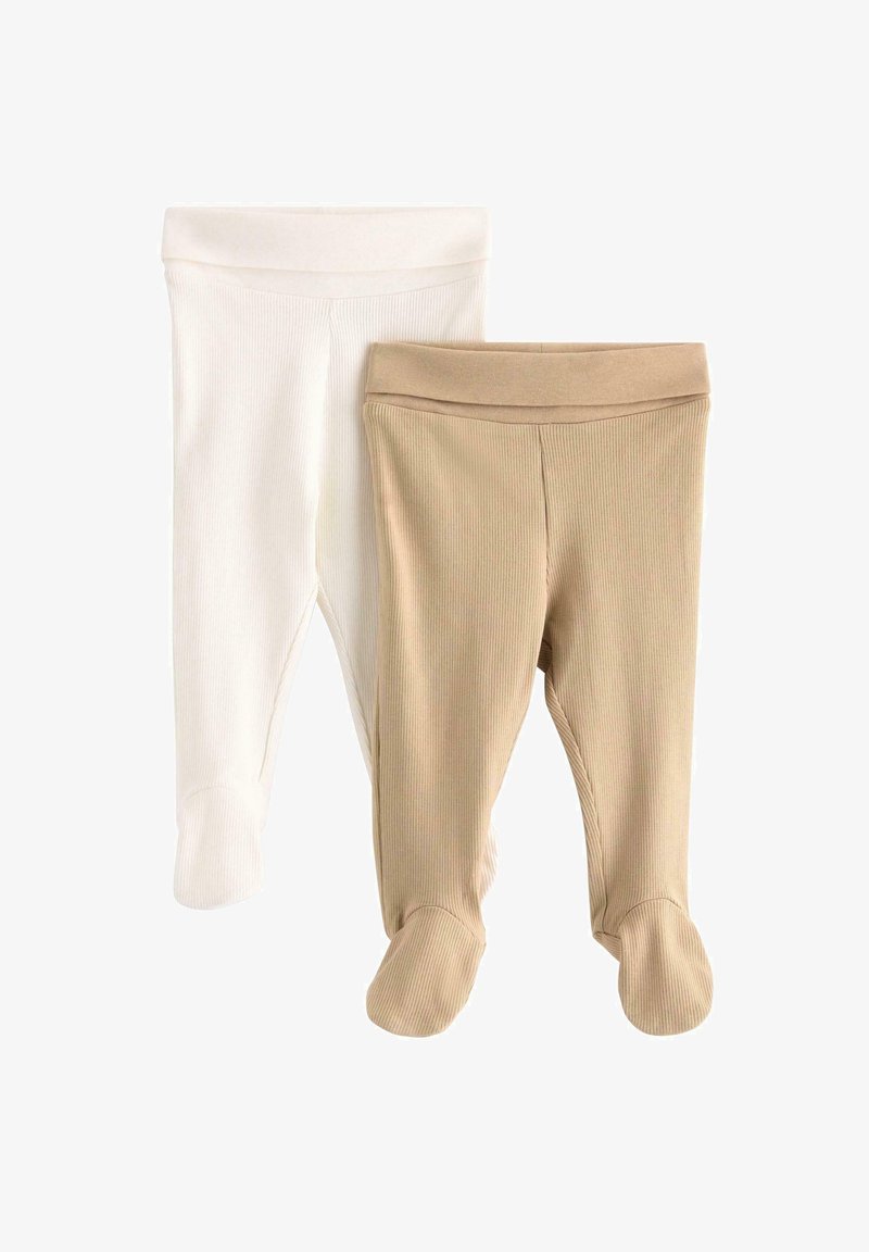 Due coppie di leggings per bambini: una bianca e una beige. Entrambe presentano una texture a costine e un design con piede chiuso. Materiale morbido e elastico.