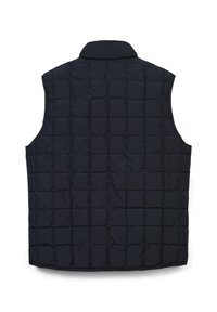 Gilet senza maniche trapuntato blu navy con colletto alto e motivo a griglia. Texture morbida e imbottita, senza tasche o hardware visibili.