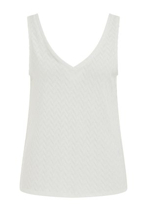 Valge varrukateta kudumiga top V-kaelusega ja peene siksakmustriga, esitletud ühevärvilisel taustal.