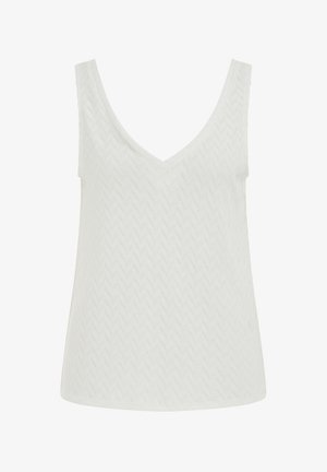 Valge varrukateta kudumiga top V-kaelusega ja peene siksakmustriga, esitletud ühevärvilisel taustal.