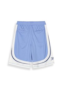 Pantalones cortos deportivos de color azul claro con paneles laterales blancos, cintura elástica y dos bolsillos traseros. Presenta acentos en azul oscuro contrastantes.