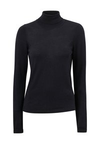 Schwarzer, langärmeliger Rollkragenpullover mit slim fit, aus einem weichen Strickmaterial gefertigt, mit einem hohen Kragen und gerippten Bündchen.
