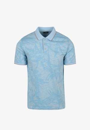 Lichtblauwe polo gemaakt van textuurstof met een subtiel bladpatroon, met een kraag en een knoopsluiting met drie knopen, en contrasterende afwerking.