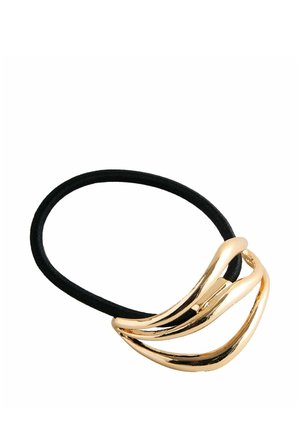 Schwarzes elastisches Haargummi mit glänzendem goldenem Metall-Dekorverschluss in abstrakter, geschwungener Form.