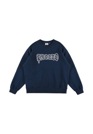 Granatowy sweatshirt z długimi rękawami, okrągłym dekoltem i ściągaczami na rękawach. Na przedzie znajduje się biała stylizowana grafika tekstowa umieszczona na środku. Miękka tekstura materiału.