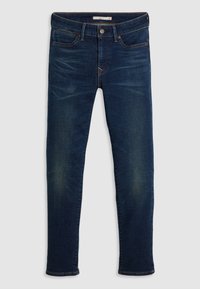 Jeans skinny blu scuro in denim, con tasche frontali, chiusura a bottone e un leggero effetto sbiadito lungo le gambe.