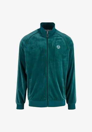 Teal velour zip-jacka med hög krage, sidofickor, ribbad muddar och nederkant, med en liten logotyp på vänster bröst.