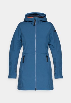 Giacca blu isolante con chiusura a zip, tasche laterali con zip e cappuccio. Presenta un'esterno liscio e un rivestimento arancione a contrasto.