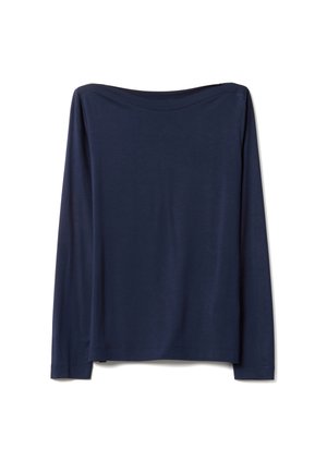 Chemise bleu marine à manches longues avec un large col bateau, tissu lisse et sans motifs ni logos visibles, posée à plat sur un fond blanc.