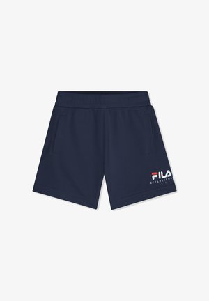 Laivastonsiniset urheilushortsit, joissa on joustava vyötärönauha, sivutaskut ja valko-punainen FILA-logo vasemman alareunan jalassa.