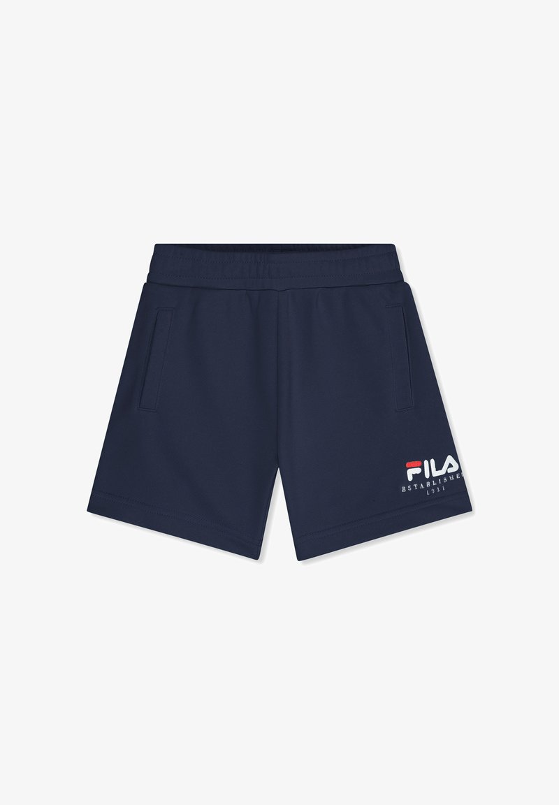 Shorts de sport bleu marine avec ceinture élastique, poches latérales, et logo FILA blanc et rouge sur la jambe inférieure gauche.