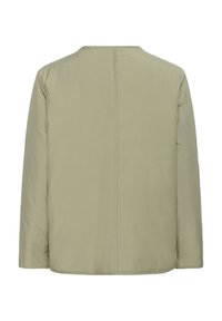 Olivgrüne, leichte Jacke mit einfachem, maßgeschneidertem Design, mit rundem Ausschnitt und einer Naht, die in der Mitte des Rückens verläuft.