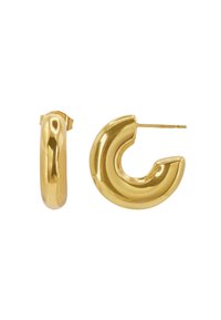 Orecchini in oro con una finitura liscia e lucida. Un orecchino è di un design semplice e rotondo, mentre l'altro ha una forma a C.