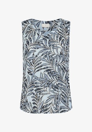 Ujjatlan blúz világoskék anyagból, fekete-fehér levélmintával, V-nyakkal és laza szabással. Sima tapintású.