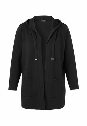 Black open-front hooded cardigan with long sleeves, drawstrings, and two front pockets.