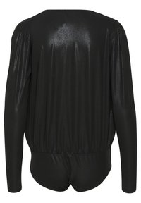 Must mustriga mustriga bodysuit, millel on läikiv ja tekstuuriga pind, kokku kogutud detailide õlgadel ning sobivad alt.