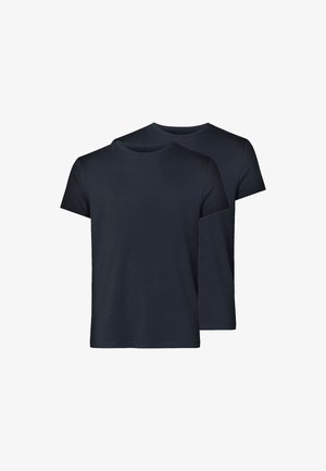 Two dark navy blue cotton t-shirts with short sleeves, round necklines, and a smooth texture; no visible tags or logos.