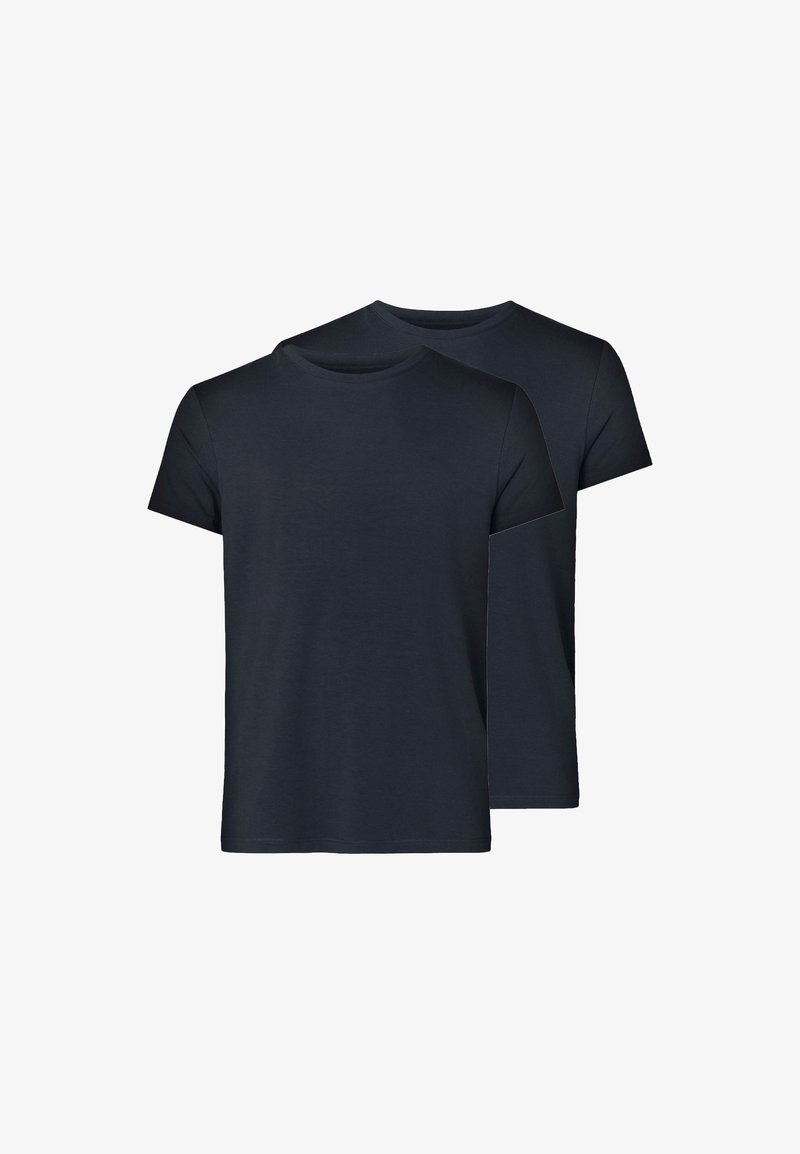 Deux t-shirts en coton bleu marine foncé à manches courtes, avec des cols ronds et une texture lisse ; pas d'étiquettes ni de logos visibles.