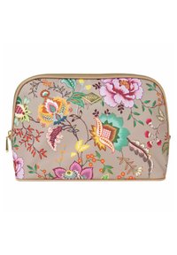 Cosmetica pouch met floral patroon in beige met een gouden rits. Bevat levendige kleuren, waaronder roze, oranje en groen, met gedetailleerde botanische ontwerpen.