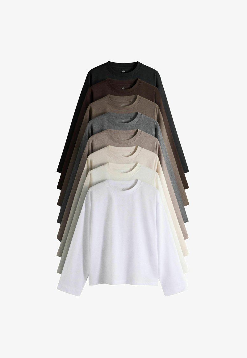 Seven long-sleeve crewneck shirts in a vertical stack, colors ranging from white to black through various shades of beige, gray, and brown.