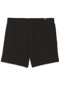 Pantalones cortos negros hechos de una tela suave con una cinturilla elástica para mayor comodidad. Diseño sencillo sin patrones visibles ni herrajes.