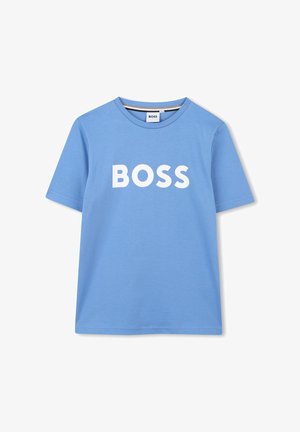 Blauwe korte mouwen t-shirt van 100% katoen, met een groot wit "BOSS" logo op de voorkant. Klassiek ronde hals ontwerp, gladde textuur.
