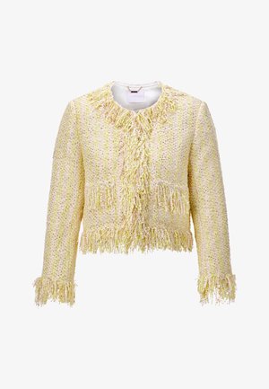 Jachetă texturată din tweed galben și bej, cu mâneci lungi, detalii cu franjuri la guler, marginile din față, buzunare, mansete și tiv.