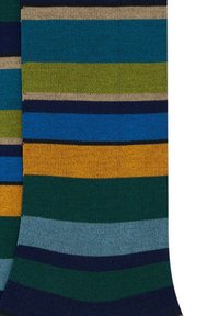Calze a maglia con strisce orizzontali in verde, blu, blu scuro, beige e arancione. La trama del tessuto è morbida e di spessore medio.