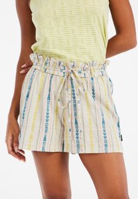 Shorts à cordon de serrage avec une taille froncée, ornés de rayures verticales bleues, jaunes et roses sur un fond clair. Fabriqués en tissu texturé.