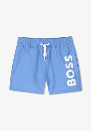 Pantaloni da bagno blu realizzati in tessuto leggero con vita elastica, cordino bianco e grande logo bianco "BOSS" sulla parte laterale.