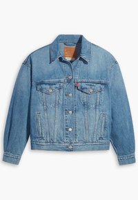 Veste en denim bleu clair avec un col, fermeture à boutons sur le devant, deux poches poitrine et poches latérales. Présente des coutures contrastées et une coupe décontractée.