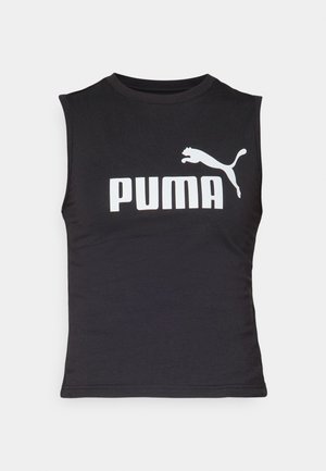 T-shirt sans manches noir en tissu doux, arborant un grand logo blanc "PUMA" et une silhouette de puma en train de sauter.