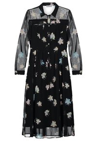 Svart blommig klänning med genomskinliga långa ärmar, knäppning fram, krage och flerfärgade blommönster. Lätt och luftigt tyg.