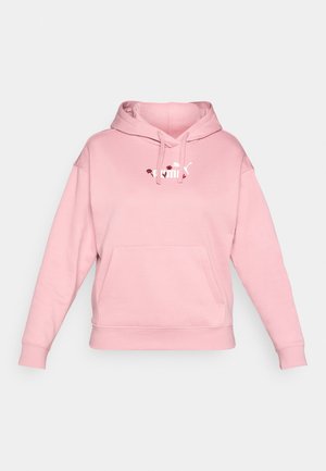 Pink hooded sweatshirt with a front pocket, featuring a white logo with floral accents. Made of soft fabric, loose-fitting with ribbed cuffs.