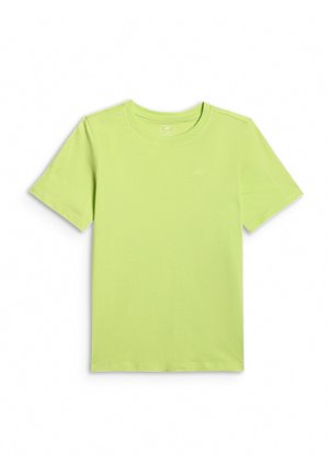Jasnozielony bawełniany T-shirt z krótkim rękawem i okrągłym dekoltem, małe haftowane logo na lewej piersi, położony płasko na białym tle.