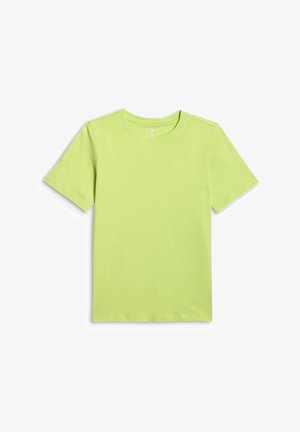 T-shirt en coton vert clair à manches courtes avec col rond, petit logo brodé sur le côté gauche de la poitrine, posé à plat sur fond blanc.