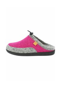 Wollen instapslipper met een roze bovenkant en grijze vilt accenten, een zwarte rubberen zool en een decoratieve trekkoord voor aanpassing.
