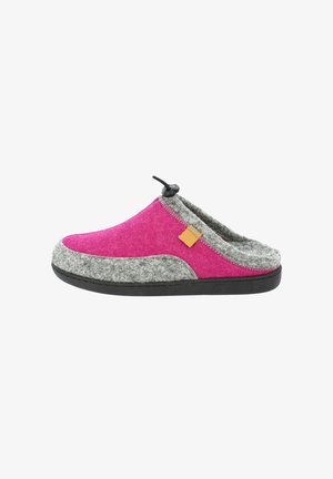 Wollen instapslipper met een roze bovenkant en grijze vilt accenten, een zwarte rubberen zool en een decoratieve trekkoord voor aanpassing.