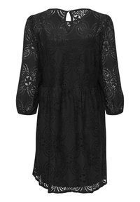 Schwarzes Spitzenkleid mit drei Viertel-Ärmeln, floralen Mustern, Schlitz detail am Rücken, Peplum-Taillenbetonung und gewelltem Saum.