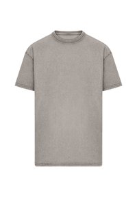 Gray short-sleeve t-shirt with a round neckline, made from soft material. Features a simple design with subtle stitching details.