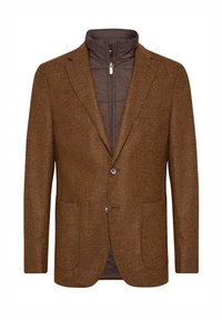 Blazer marrone con texture, dotato di due tasche frontali, con fodera interna staccabile in piumino marrone scuro e colletto alto con zip.