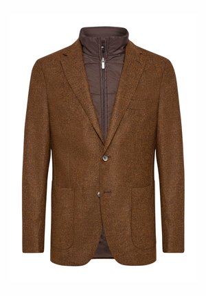 Blazer marrone con texture, dotato di due tasche frontali, con fodera interna staccabile in piumino marrone scuro e colletto alto con zip.
