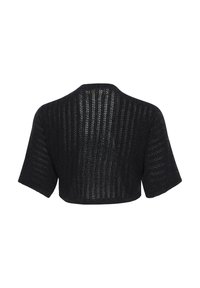 Black cropped sweater with short sleeves, made of a knitted, textured material featuring vertical stripes and an open weave design.