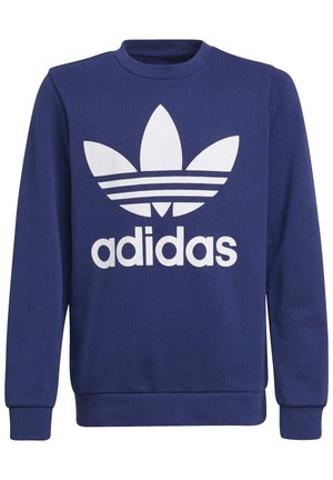 Felpa blu navy con maniche lunghe, caratterizzata da un grande logo trefoil bianco di Adidas e nome del marchio sul davanti.
