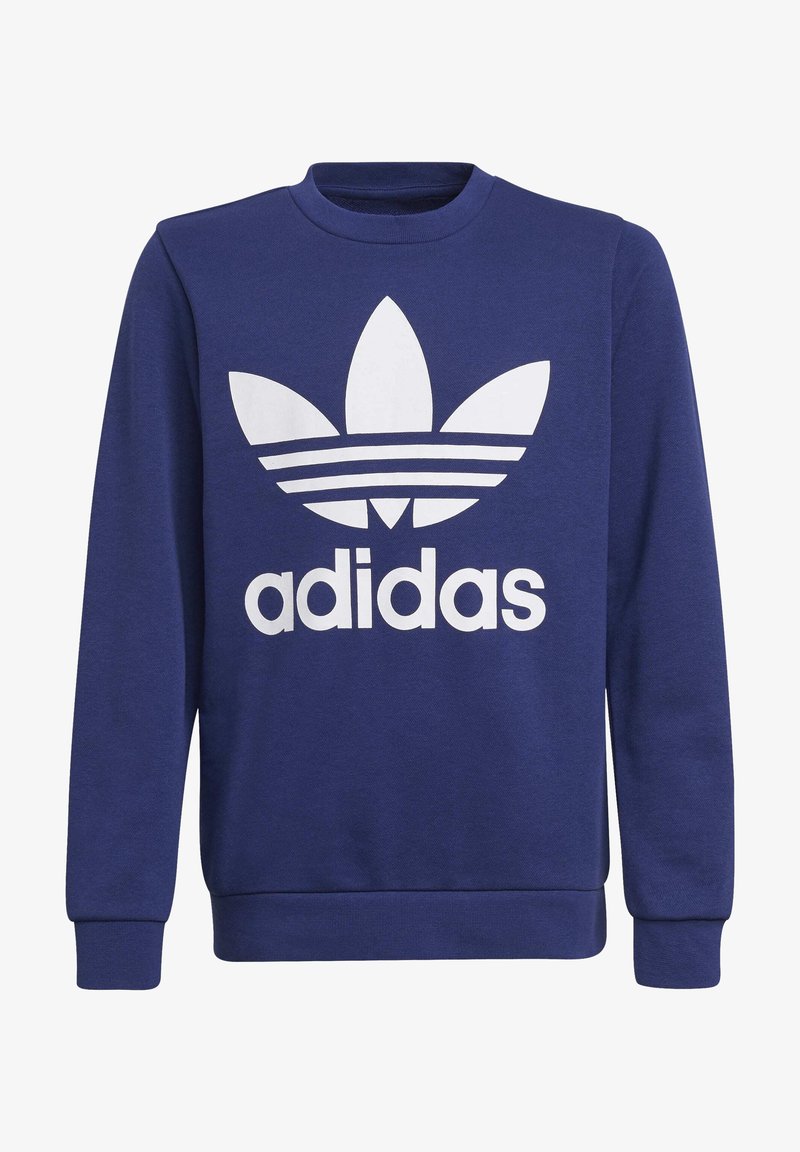Sudadera de color azul marino con mangas largas que presenta un gran logo trefoil blanco de Adidas y el nombre de la marca en la parte frontal.