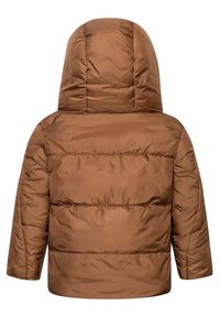 Braune Daunenjacke mit Kapuze, ausgestattet mit horizontaler Steppung, langen Ärmeln und einer glatten, glänzenden Oberfläche. Die Rückansicht zeigt keine weiteren Details.