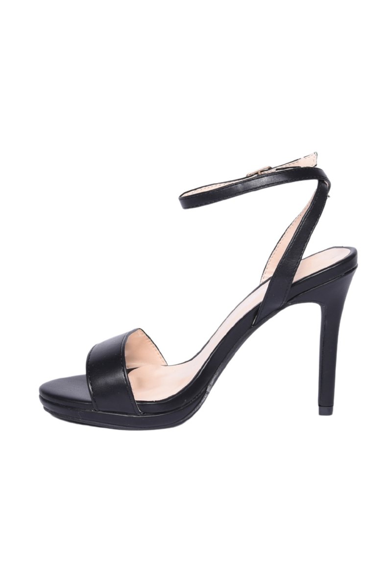 Sandal con tacco alto nero, caratterizzato da una tomaia in pelle liscia, una cinghia alla caviglia, punta aperta e un design con piattaforma per un'altezza aggiuntiva.