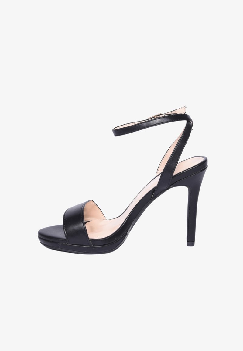 Sandal con tacco alto nero, caratterizzato da una tomaia in pelle liscia, una cinghia alla caviglia, punta aperta e un design con piattaforma per un'altezza aggiuntiva.
