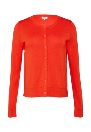 Rote Strickjacke mit langen Ärmeln, rundem Halsausschnitt und Knopfleiste. Verfügt über gerippte Bündchen und Saum, weiche Textur mit gleichmäßigen Nähten.